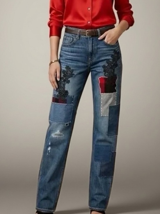 Lauren Ralph Lauren Denim - LAUREN RALPH LAUREN Patchwork Relaxed Tapered Lace Plaid Straight Jean--NWT--30